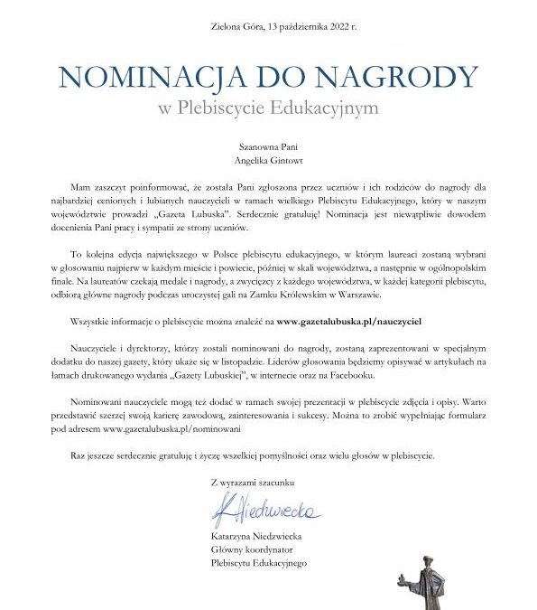 Nominacja nauczycieli do nagrody w ramach Plebiscytu Edukacyjnego
