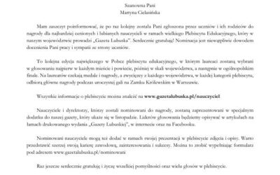 Nominacja nauczycieli do nagrody w ramach Plebiscytu Edukacyjnego