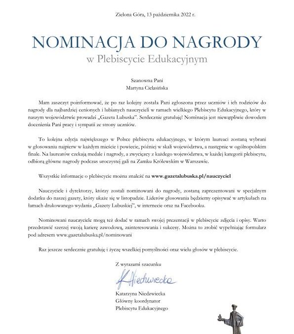 Nominacja nauczycieli do nagrody w ramach Plebiscytu Edukacyjnego