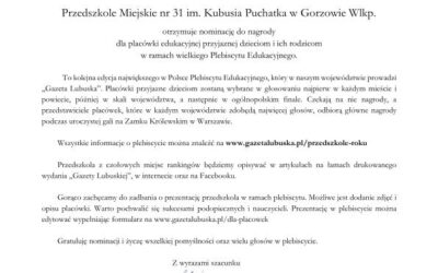 Nominacja Przedszkola Miejskiego Nr 31 do nagrody w Plebiscycie Edukacyjnym