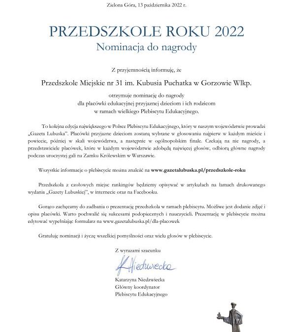 Nominacja Przedszkola Miejskiego Nr 31 do nagrody w Plebiscycie Edukacyjnym