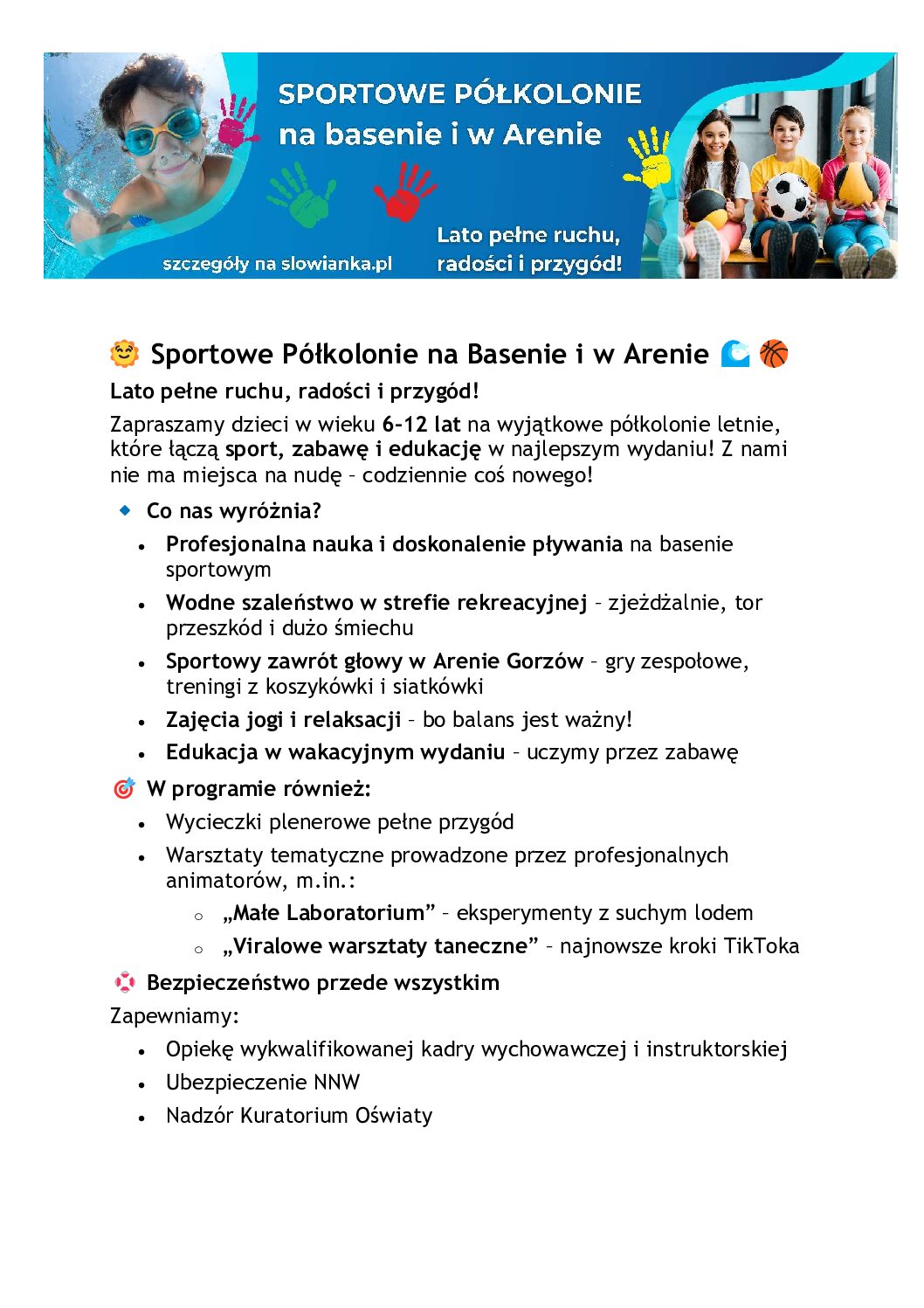 Półkolonie na basenie i w Arenie